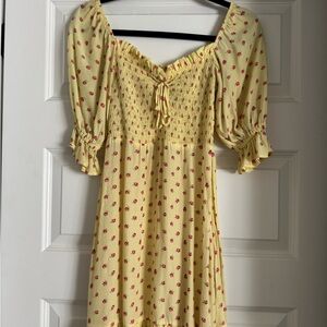 Faithfull the Brand Yellow Dress with Red Floral Pattern